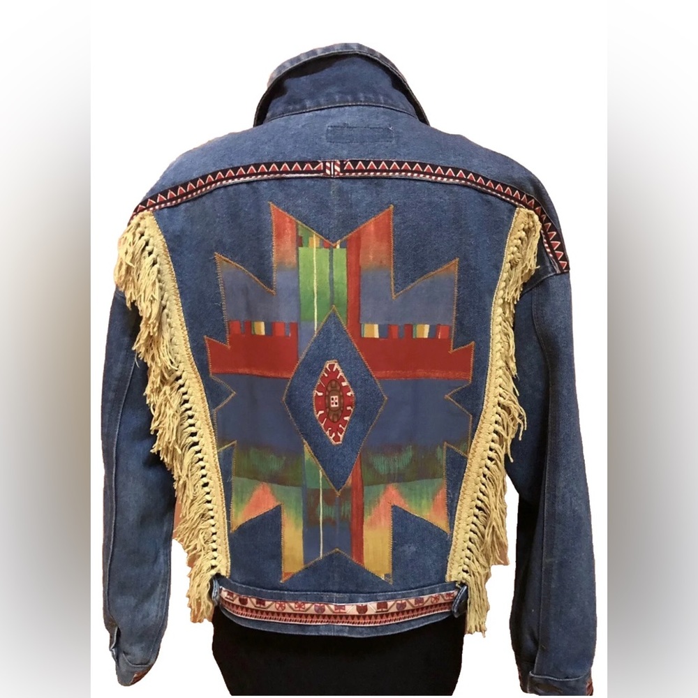 Gorgeous Unique Tribal Aztec Southwest Fringe Jean Jacket Cowgirl OOAK Size M